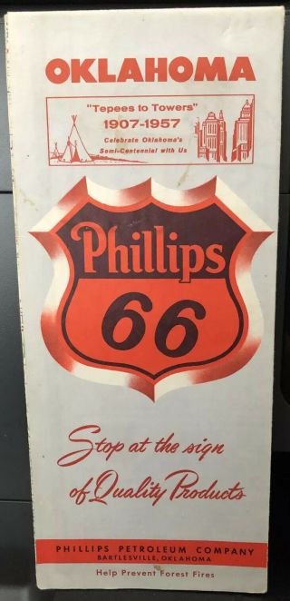 1957 Phillips 66 Oil Company Road Map Of Oklahoma Teepees To Towers 1907 - 1957