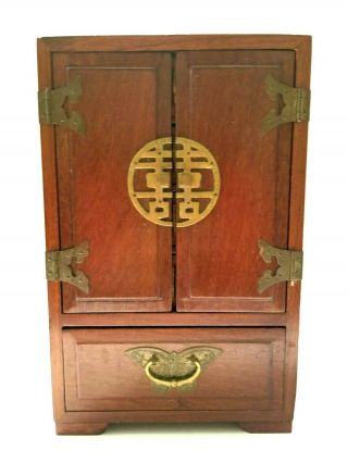 Asian Wood Wooden Jewelry Box Brass Accents Opens Doors Drawers Lined Vtg 8x12x6
