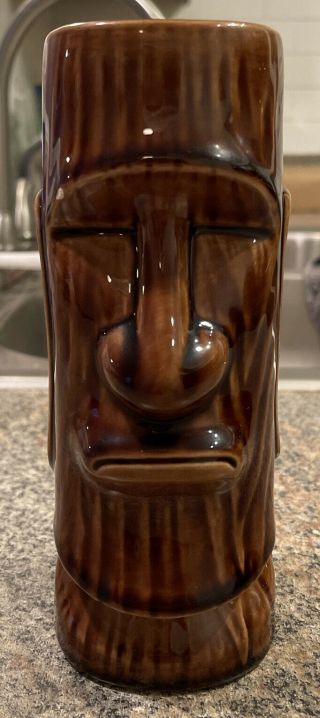 Tiki Mug Moai Easter Island Straight Lip Flat Ears Wood Grain Brown Vintage Rare