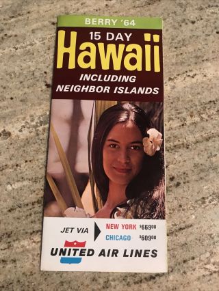 1964 United Air Lines & Berry Travel Services Hawaii Pamphlet Foldout Honolulu