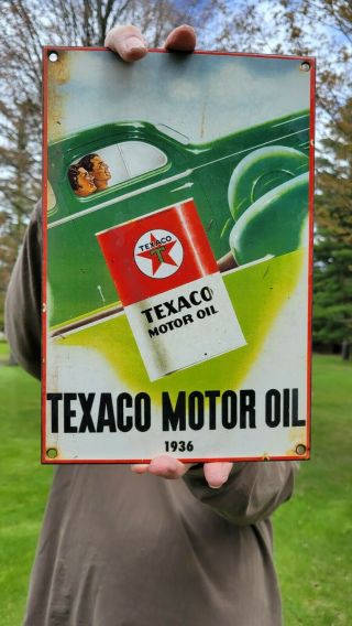 Old Vintage Dated 1936 Texaco Motor Oil Porcelain Enamel Gas Pump Station Sign