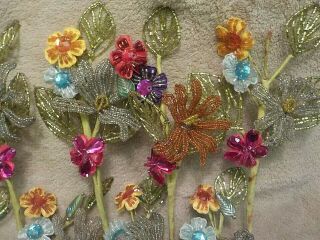 12 Vintage Stems Of Beaded Flowers Handmade Glass Seed Beads Flower Stem