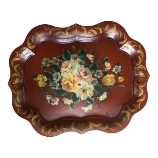 Vintage Hand Painted Floral Toleware Tray Americana 24 X 19 1/3 Maroon Red