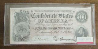 1864 Civil War Confederate States Of America Era Note Bill $500 Five Hundred Csa