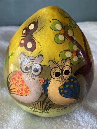 Lrg Owl Folk Art Vintage Tonala Mexico Paper Mache Egg - Animal Nature Rabbit