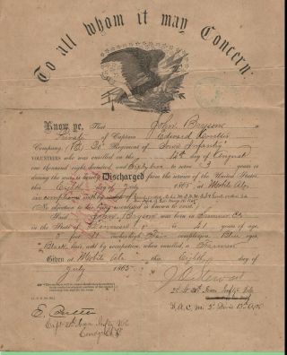 $union Civil War 1865 Soldier John Bryson Discharge Paper Iowa Infantry