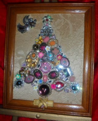 Vintage Jewelry Art Christmas Tree,  Signed,  & Framed