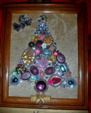 Vintage Jewelry Art Christmas Tree,  signed,  & framed 2