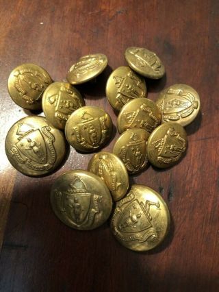 14 Massachusetts State Seal Militia 7/8 " Brass Uniform Coat Buttons,  Scovill