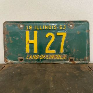 1963 Illinois Truck License Plate Low Number Two Digit H 27 H Class Green Deere