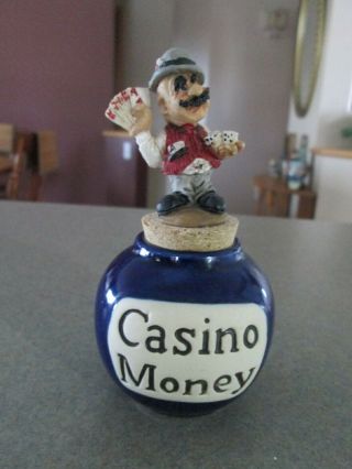 Vintage Ceramic Las Vegas Casino Money Bank Jar,  Gambling Man Lid