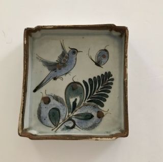 Vtg Tonala Blue Bird & Butterfly Rare El Palomar Mexico Pottery Tray.  5 1/2 “