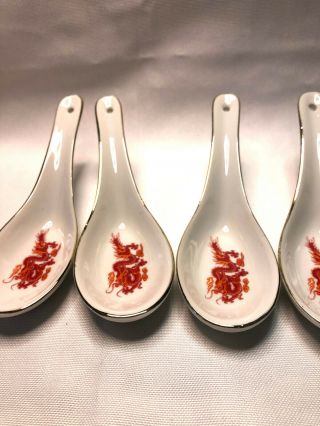 4 Vtg Chinese Japanese Oriental Wonton Ramen Noodle Porcelain Soup Spoons Dragon