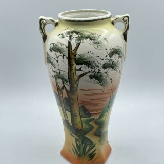 Vintage Japan Royal Nishiki Porcelain Hand Painted Vase Tree Sunset River Scene