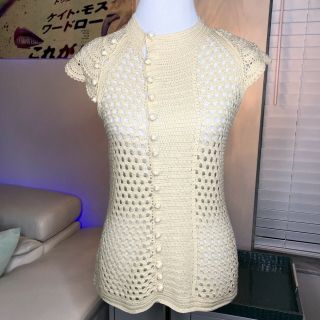 Vivienne Tam Open Knit Top M Vtg 90s Crochet Lace Cap Sleeve Sweater Off White