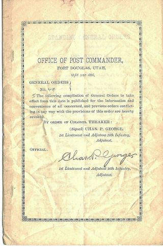 U S Army 16th Infantry Fort Douglas Utah Post Commander General Orders 1896