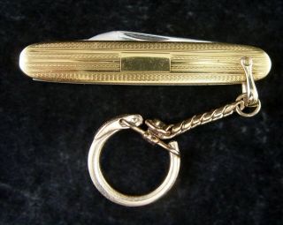 Old Colonial Gold Tone Two Blade Pocket Knife Providence R.  I.  W/ Gold Key Chain