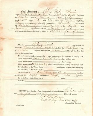 1870,  8th Infantry,  Colonel James Van Horn,  Signed Discharge Documents