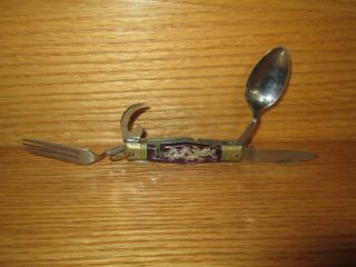 Vintage Asian Chinese Dragon On Handle Folding Knife W/ Spoon Fork Opener