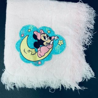 Vintage Disney Babies Minnie Mouse Open Weave Baby Blanket Woven Fringe Acrylic