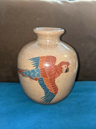 Vintage Mexican Tlaquepaque 5 1/2 In Vase Colorful Flying Toucan