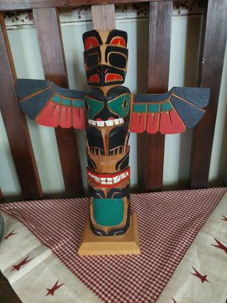 Native American Hand Carved Wood Totem Pole 13 " Signed T - Bird Bear Ed Rand?