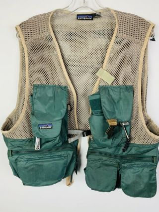 Patagonia Mesh Fly Fishing Vest Mens Xl Green Beige Pouches Hunting Sports Vtg
