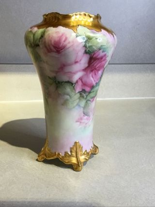 Vintage Signed Floral Design 9in Porcelain Vase Gold Gilded Trim