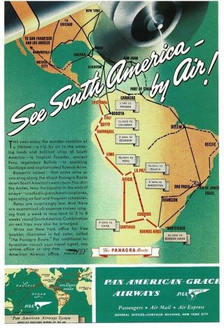1940 Pan American - Grace Airways Panagra Route South America Vintage Print Ad