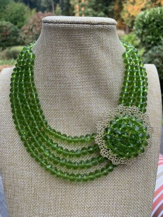 Vintage Multi Strand Green Glass Crystal Facet Bead Flower Bib Necklace