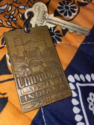 Rare Brass Vtg The Union Club Purdue West Lafayette Indiana Room Key And Fob Htf