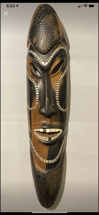 Nr Vintage Wood Carved Tribal Tiki God Mother Of Pearl Inlay /\/\ask Unique