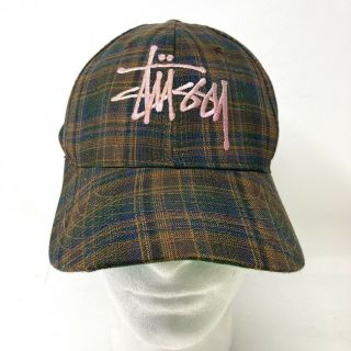 Rare Vintage 1990s Stussy Logo Plaid Snap Back Hat Cap Made In Usa