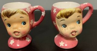 Antique Vintage Miss Cutie Pie Set Of Two Pink Egg Holders By Napco Japan