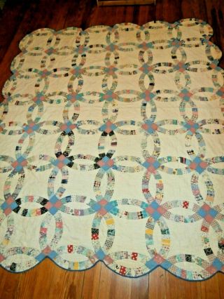 Vintage Double Wedding Ring Pattern Quilt For Repair 73 " X 82 "