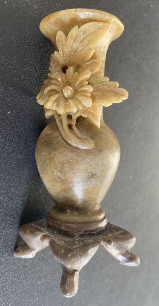Vintage Chinese Hand Carved Brown Soap Stone Vase With Stand