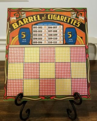 Vtg Barrel Of Cigarettes Punch Board Game Trade Stimulator Gambling 5 Cent Camel