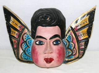 Mexican Folk Art Carved Wood Angel Face W Wings - 3 - Vintage - 12in By 8in