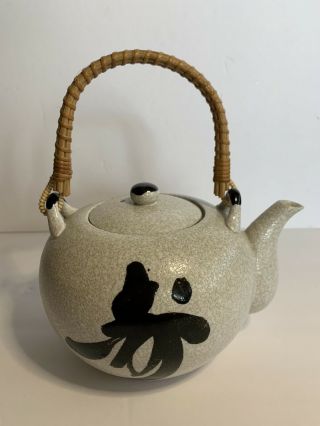Vintage Stoneware Japanese Teapot Wicker Handle ‘70s - ‘80s 3