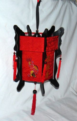 Vintage Chinese Red Fabric Lantern Inside Hanging Decoration Black Wood Fold Up