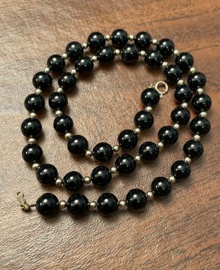 Vintage 14k / 585 Yellow Gold And Black Onyx Bead Single Strand 18 " Necklace