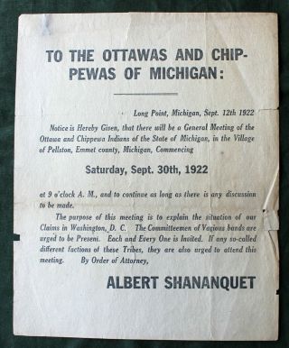 1922 Notice To Ottawa & Chippewa Indians Long Point,  Mi Indian Land Claims