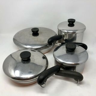 Vintage Revere Ware Copper Bottom Cookware Set 2 Skillets,  2 Sauce Pots Usa Made