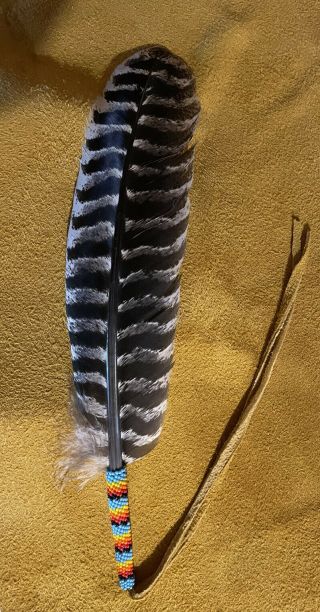 One Neat Native American Lakota Sioux Beaded Turkey Wing Feather
