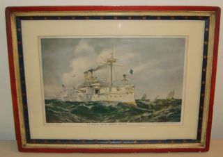 1898 Print Us Battleship Maine Patriotic Folk Art Painted Frame Navy