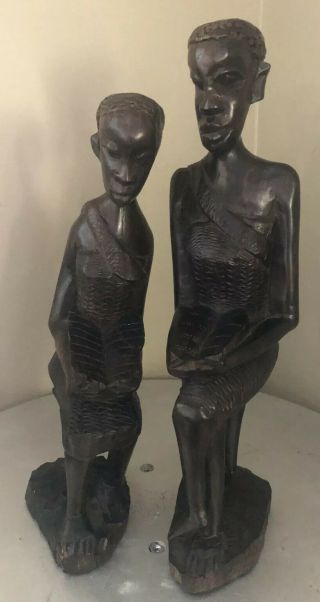 Set Of 2 Hand Carved Ebony Wood Primitive Figurines / Sculptures Tanzania