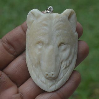 Bear Head Carving 62x41m Pendant P4799 With Silver In Buffalo Bone Carved