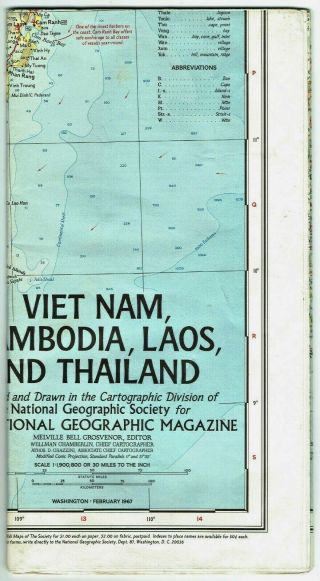 ⫸ 1967 - 2 February Vtg.  Map Vietnam Cambodia Laos Thailand National Geographic A3