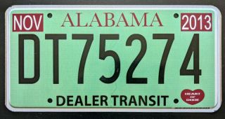 Alabama Dealer Transit 2013 License Plate Dt75274