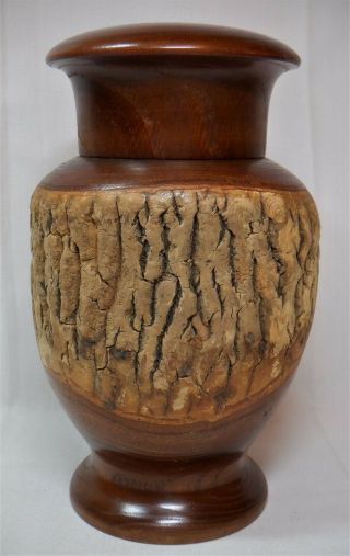 Vtg Japanese Signed Turned Wood Live Edge Pot / Vase / Jar W/ Lid Handcrafted?